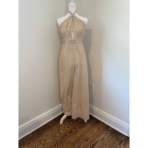 Lush Pants - Lush Oat Wide Leg Halter Jumpsuit with Keyhole Cut-out Size S